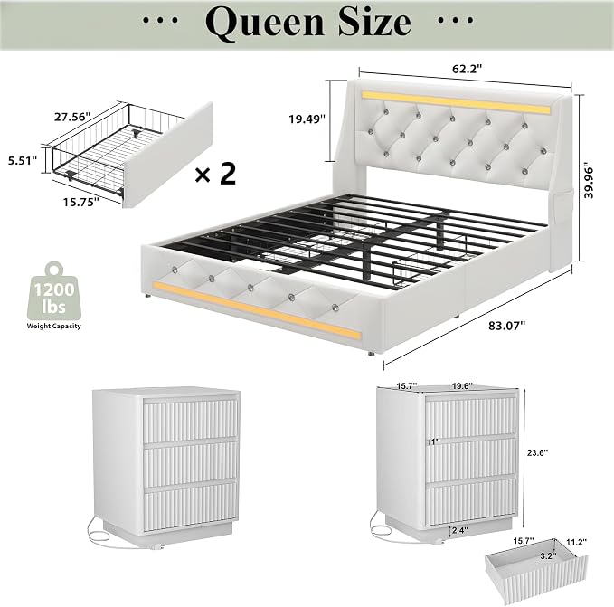 5 Pieces Queen Bedroom Set, PU Fabric Metal Bed Frame with Charge Port& LED, 6 Tier Rotating Bookshelf, Vanity Table with Sliding Light Mirror& Hair Dryer Holder, 2 Nightstands with Charge