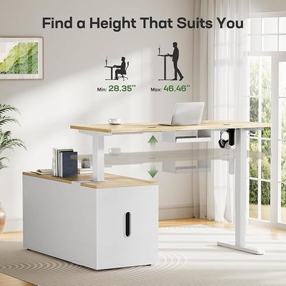 Marsail L-Shaped Executive Standing Desk with File Cabinet, 55" x 24" Electric Height Adjustable Stand up Desk, One-Whole Piece Desktop, Home Office Modern Computer Deskwith 4 Memory Presets