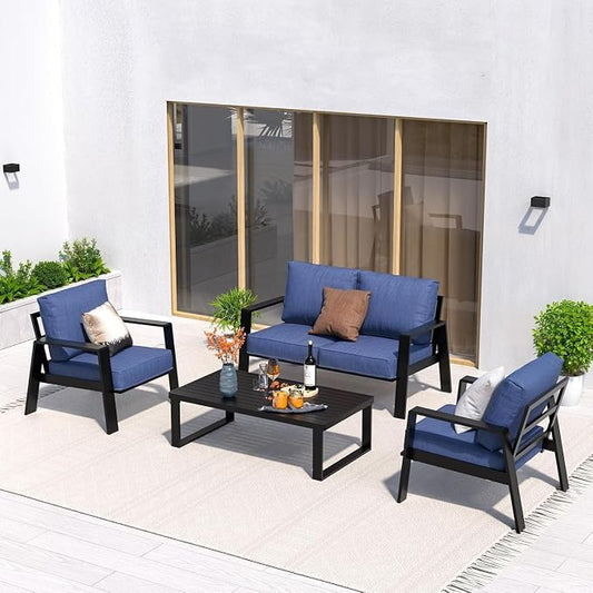 Aluminum Outdoor Patio Furniture Set, 4 Piece Sectional Coversation Sets with Coffee Table, Modern Outdoor Sofa Couch with Thick Cushions for Porch, Balcony, Garden (Black/Blue)