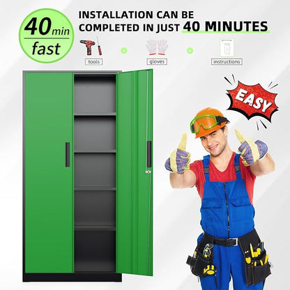Bonusall 72" Metal Garage Storage Cabinet, 2 Locking Doors & 4 Adjustable Shelves Tall Storage, Heavy Duty Steel Tool Cabinet for Home, Office, Warehouse, School (Black Green)