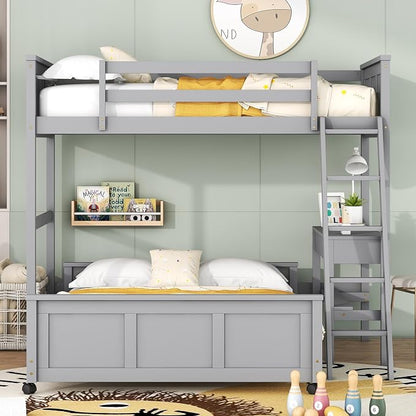 Ball & Cast Twin Over Full Bunk Bed with Safty Guardrail & Stairway,Heavy Duty Wood Loft Bedframe W/Desk & Drawers,Easy Assembly,Versatile Functional Bedroom Furniture Set for Boy Girl Teens,Gray