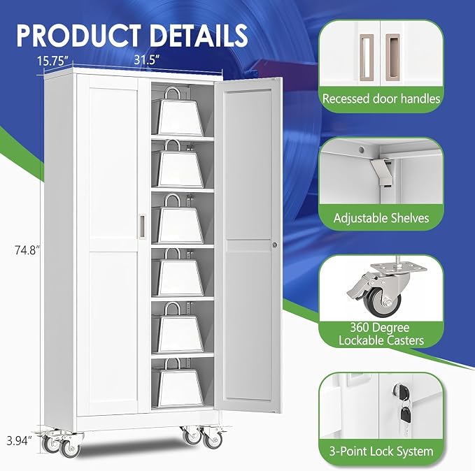 75" Metal Garage Storage Cabinet with Wheels and Locking Doors and Tall Rolling Steel Tool Cabinet with 5 Adjustable Shelves for Garage,Home,Office,Shop (White, 75''H x 32''W x16''D)