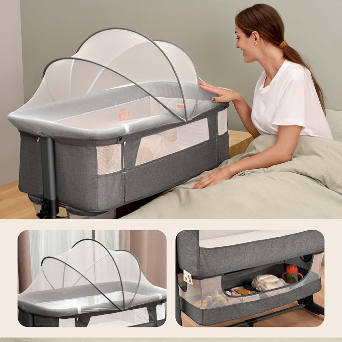 Soobaby 3 in 1 Baby Crib,Bassinet Bedside Crib Adjustable Portable Bed for Infant,Baby Newborn Must Have Bed,Grey