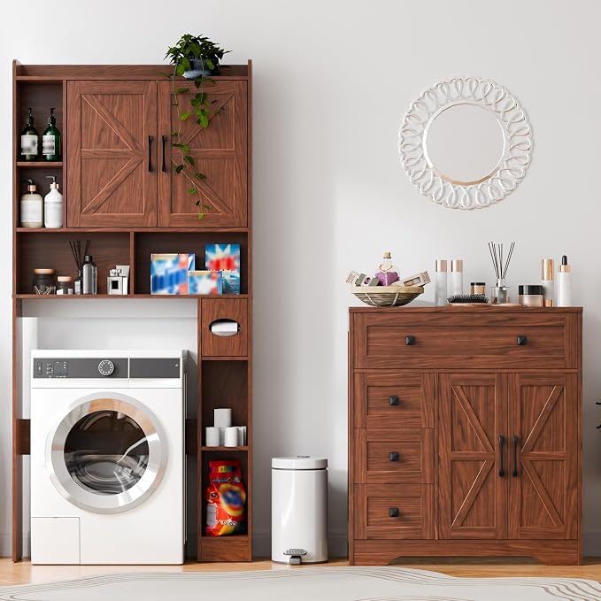 Vabches Farmhouse Storage Cabinet with 2 Doors and 4 Drawers, Freestanding Bathroom Storage Cabinet Kitchen Pantry, Floor Hutch Cupboard for Living Room/Bathroom/Kitchen,Walnut