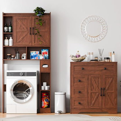 Vabches Farmhouse Storage Cabinet with 2 Doors and 4 Drawers, Freestanding Bathroom Storage Cabinet Kitchen Pantry, Floor Hutch Cupboard for Living Room/Bathroom/Kitchen,Walnut