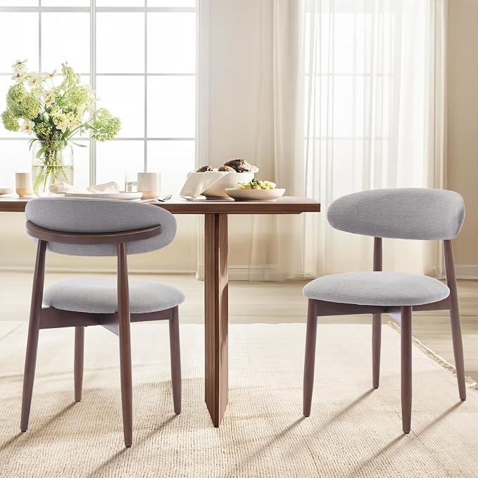COLAMY Wooden Dining Chairs Set of 6, Modern Fabric Upholstered Dining Room Chair, Farmhouse Kitchen Chair with Foot Pegs, Light Grey
