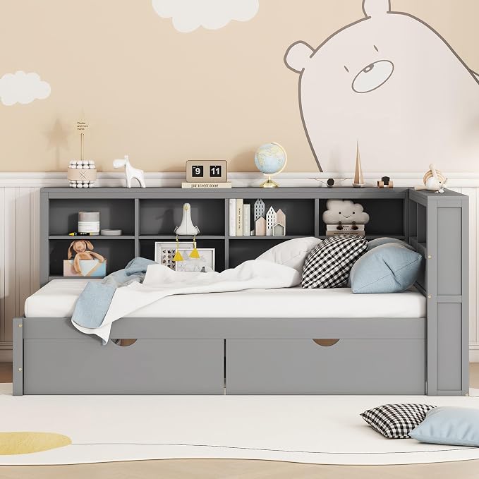 Bellemave Twin Corner Bed Frame, Wood Twin Size Daybed with L-Shaped Bookcase and 2 Drawers，Daybed with Storage Cabinets, Gray