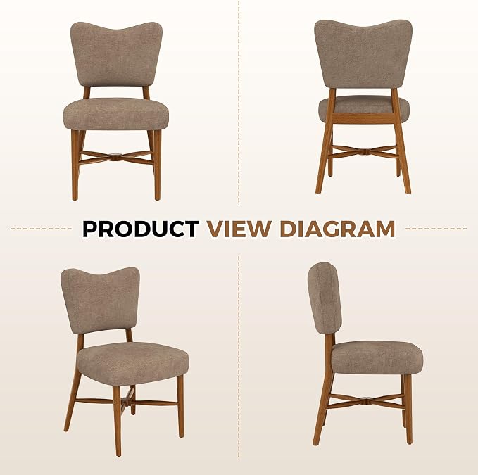 Farmhouse Dining Chairs Set of 2, Linen Seat, Wood Legs, Brown | Mid Century Modern, Upholstered Padded Cushion, Solid Wood Cross-Brace, Easy 15-Min Assembly, Kitchen Dining Room