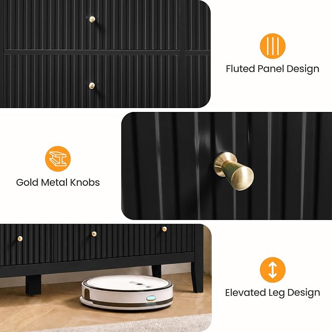 RoyalCraft 7 Drawer Dresser for Bedroom, 53" Wide Modern Wooden Chest of Drawers with Metal Handles, Painted Surface, Sturdy and Stable Storage Cabinet for Living Room, Black