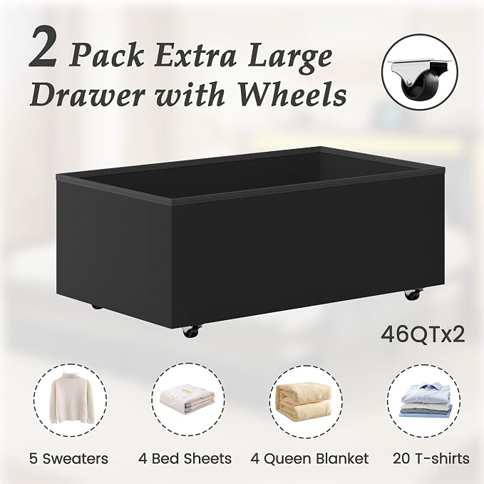 HISOFT Queen Bed Frame with Storage, Wood Headboard with Fast Charging Station, LED Lights, Platform Bed Frame Queen Size, Fabric Drawers with Wheels, No Box Spring Needed, Noise Free, Black
