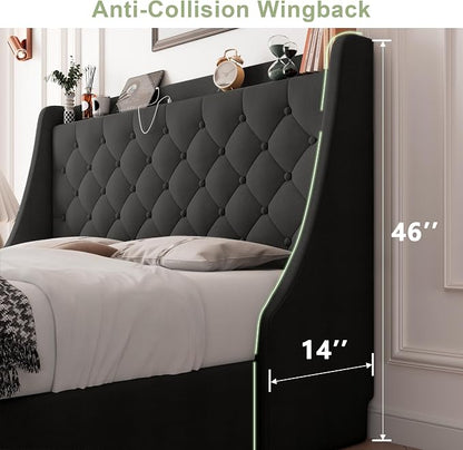 Feonase Upholstered Queen Size Bed Frame with 4 Storage Drawers, Storage Bed with Charging Station, Large Wingback Headboard, No Box Spring Needed, Black