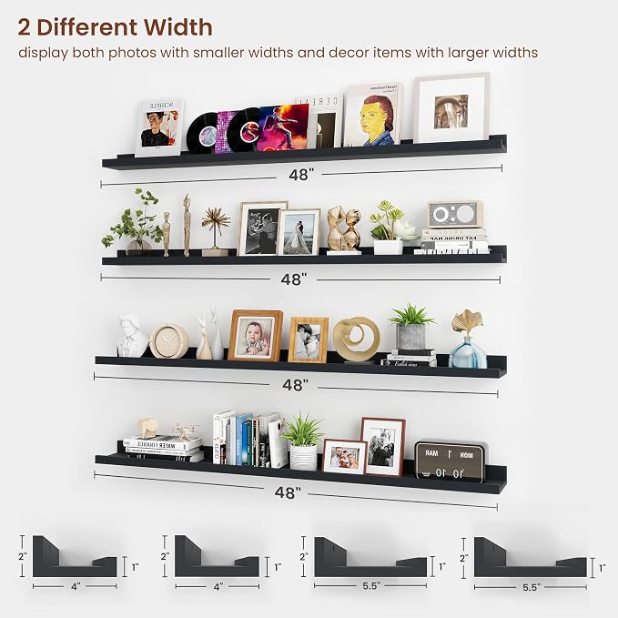 Axeman 48 Inch Black Picture Ledge Shelf Set of 4, 48 Inch Floating Shelves, Rustic Wood Wall Shelf with Lip, 48" Black Picture Shelves for Wall with Ledge