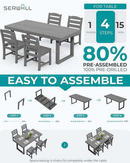 SERWALL HDPE Outdoor Dining Set for 4, 67'' Patio Table and Chairs Set | with Armless Seat