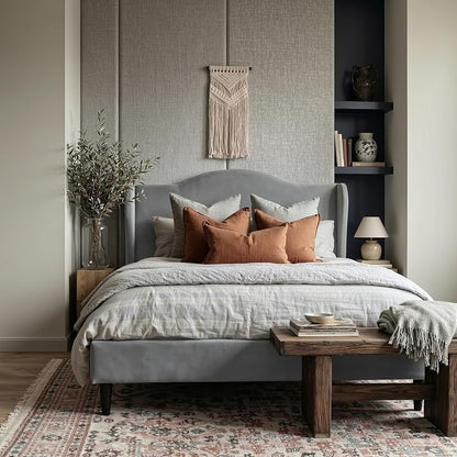 Allewie Full Size Bed Frame, Upholstered Wingback Platform with 47" Tall Tufted Headboard, Plush Velvet Fabric, Modern Minimalist Design, No Box Spring Required, Tool-Free Assembly, Grey