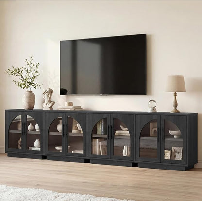 Fatmok Arched Glass Sideboard Buffet Accent Cabinet, 31.5" Display Credenza with Adjustable Shelf,4-Piece Modular Coffee Station Storage for Kitchen Living Room Bedroom, Black Grey