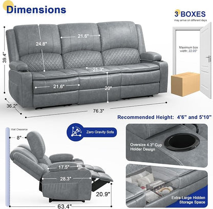 3+1+1 Manual Recliner Sofa, Maximum Load Capacity 2250lbs & Ergonomics Design, Multi-Functional Middle Seat & Home Theater Seating with Removable Armrest and Storage for RV Living Room (PU,Grey)
