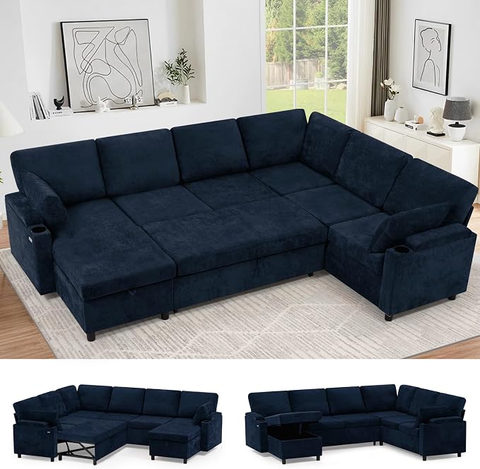 110" Chenille Sectional Sofa w/Pull Out Bed & Storage Chaise, Blue | Reversible U Shape Sofa w/Storage Armrests & Cup Holders, Corner Couch w/USB Charging Port & Throw Pillows for Living Room