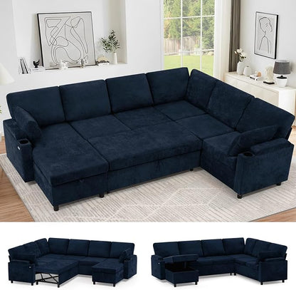 110" Chenille Sectional Sofa w/Pull Out Bed & Storage Chaise, Blue | Reversible U Shape Sofa w/Storage Armrests & Cup Holders, Corner Couch w/USB Charging Port & Throw Pillows for Living Room