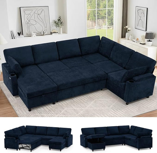 110" Chenille Sectional Sofa w/Pull Out Bed & Storage Chaise, Blue | Reversible U Shape Sofa w/Storage Armrests & Cup Holders, Corner Couch w/USB Charging Port & Throw Pillows for Living Room