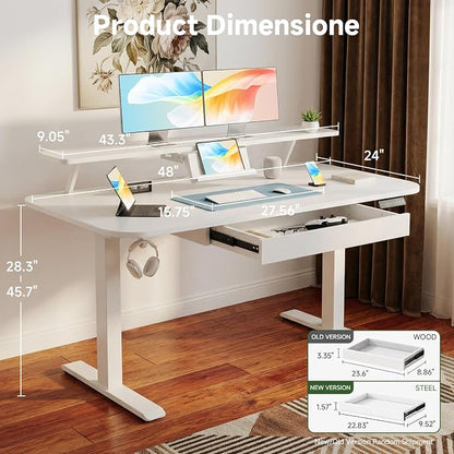 GTPLAYER Electric Standing Desk with Drawers, 48 x 24 Inches Height Adjustable Computer Desk with Monitor Stand, Laptop Stand, Home Office Sit Stand Up Desk with Memory Preset, White