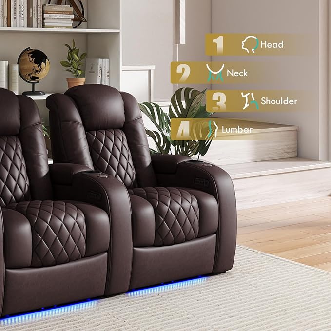 Weilianda Home Theater Seating Top Grain Leather Zero Gravity Recliner Chair Power Headrest Recline Movie Seat Gaming 7 Colors Mood Light Sofa with Tray Table USB Charge Row of 2 Loveseat Brown