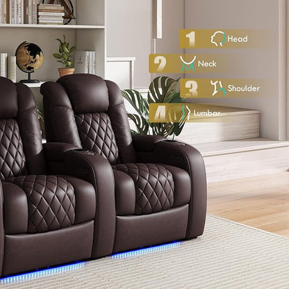 Weilianda Home Theater Seating Top Grain Leather Zero Gravity Recliner Chair Power Headrest Recline Movie Seat Gaming 7 Colors Mood Light Sofa with Tray Table USB Charge Row of 2 Loveseat Brown