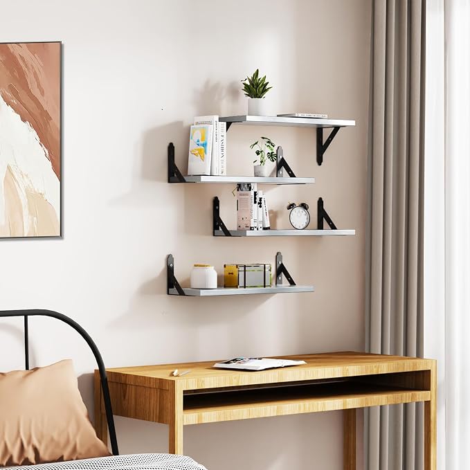 ROMGUAR CRAFT Wood Floating Shelves Set of 4, Rustic Storage Decor Wall Shelves, Wall Mounted Shelf for Living Room, Bedroom 17" x 6", Light Grey