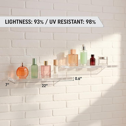Set of 2 Acrylic Floating Shelves - 22" Clear floating shelves for Bathroom & Living Room - 22" x 7" x 0.6" Invisible Wall Mounted Shelves for Books , Lego Display, Waterproof, Holds 60 lbs on drywall