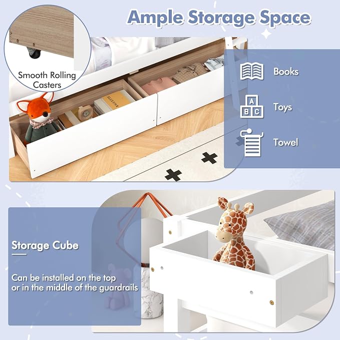 KOTEK Bunk Bed Twin Over Twin with 2 Storage Drawers, Solid Wood Bunk Bed Frame with Storage Cube, Guardrails, Ladder, No Box Spring Needed, Twin Bunk Beds for Kids Teens (White)
