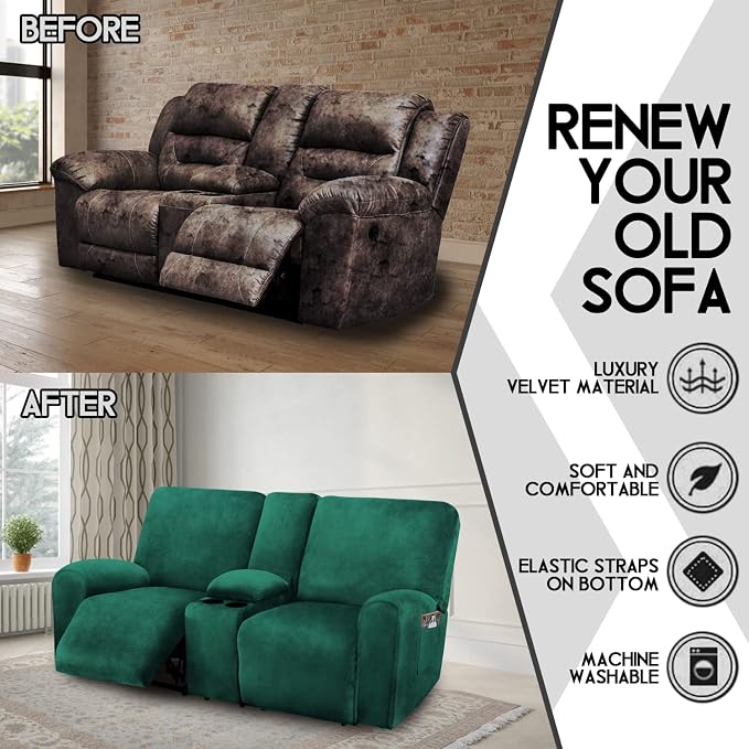 Reclining Love Seat with Middle Console Slipcover, 8-Piece Velvet Stretch Loveseat Reclining Sofa Covers, 2 seat Loveseat Recliner Cover, Thick, Soft, Washable, Loveseat Slipcovers (Retro Green)