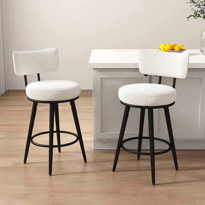 Bar Stools Set of 2, 26 Inches Modern Counter Stools with Metal Legs, Boucle Barstools with Backs, Bar Chairs for Kitchen Island, Upholstered Fabric White 2501