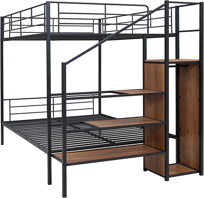 Bellemave Bunk Bed Full Over Full，Metal Bunk Bed with Storage Stairs and Wardrobe, Bunk beds for Adults/Kids/Teens, Black