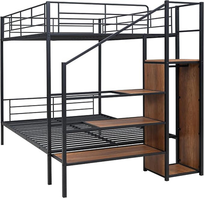 Bellemave Bunk Bed Full Over Full，Metal Bunk Bed with Storage Stairs and Wardrobe, Bunk beds for Adults/Kids/Teens, Black