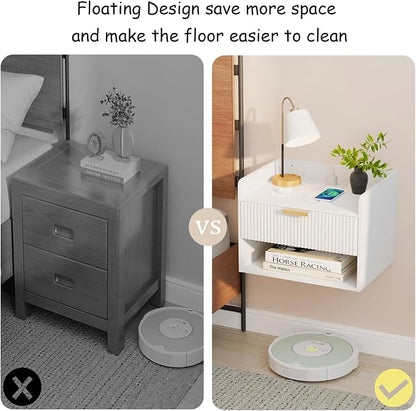 Arbuxzuy Floating Nightstand Set of 2 with Charging Station, Modern Wall Mounted Bedside Table with Drawer & Open Shelf, Minimalist Wooden Night Stand for Bedroom (White)