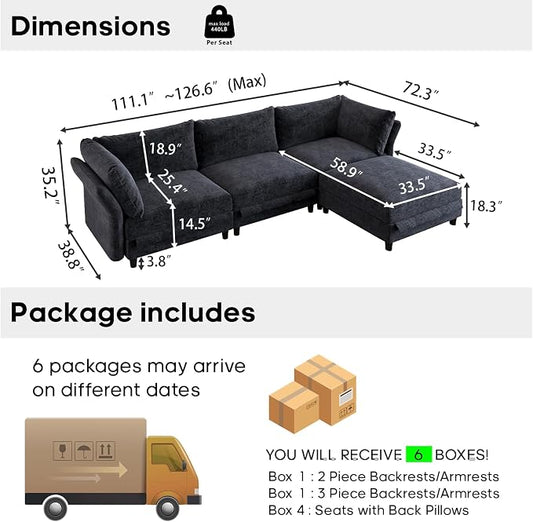 DreamDashio 126" Extra Large Modular Sectional Sofa Cloud Couch with Storage Seat for Living Room with Adjustable Arm, High Back, 4 Seater, L Shaped, Dark Grey Chenille