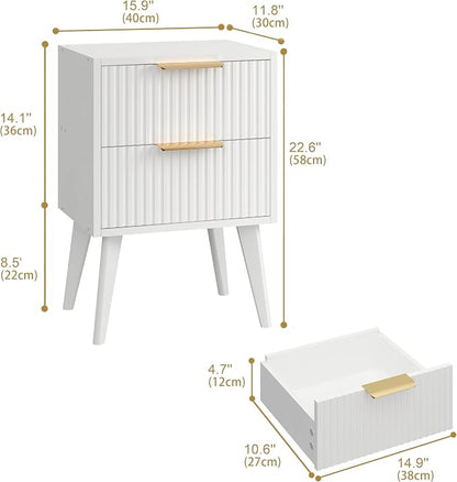 YAUKOMEL Fluted Nightstand with 2 Drawers,Modern Bedside Table with Metal Handles,Side Table with Solid Wood Legs,End Table for Living Room,Bedroom,Small Spcae 11.8" D x 15.7" W x 22.8" H White CTG55W