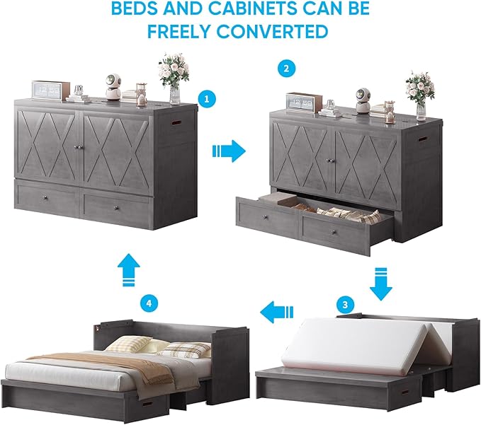 Mjkone Murphy Bed with Tri-Folding Mattress, Queen Hidden Cabinet Bed with Built-in USB Charging Station and 2 Storage Drawers, Foldable Wall Cabinet Beds for Living Room/Guest Room/Apartment, Gray