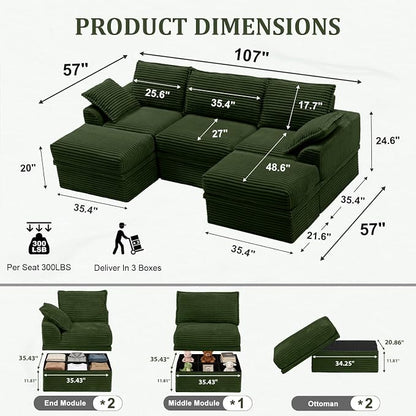 Upgrade Boneless Couch with Storage, Extra Deep&High Seat Modular Sectional Sofa 3 Seater U Shaped Cloud Couch with Ottoman, Tool-Free Assembly Sectional Couches for Living Room