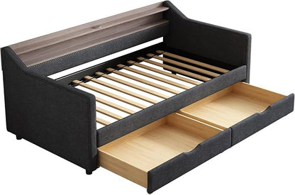 Twin Size Upholstered Daybed with Two Storage Drawers & USB | Dark Grey Linen Fabric,Two Drawers, 2-Tier Storage Shelf, USB Charging Port, LED Light, For Bedroom Apartment