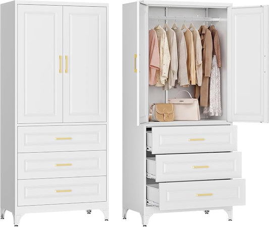Metal Armoire Wardrobe Closet with Hanging Rod, 71" Tall Wardrobe Cabinet with Doors and 3 Drawers, Clothing Storage Cabinets for Bedroom