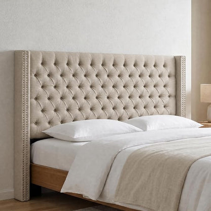 Madison Park King Wingback Upholstered Tufted Headboard, Featuring High-Density Sponge Padding, Adjustable Height Headboard, Easy Assembly, Beige Woven
