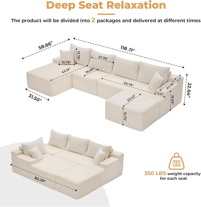 Mangodan 118'' Cloud Sectional Couch, U Shaped Boneless Couches for Living Room, Modular Sectional Sofa with Deep Seat Light Facing Chaise, Comfy Cloud Couch Sofa, Beige