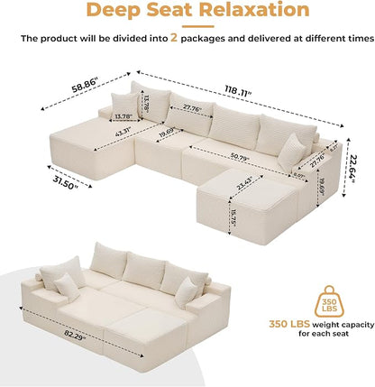 Mangodan 118'' Cloud Sectional Couch, U Shaped Boneless Couches for Living Room, Modular Sectional Sofa with Deep Seat Light Facing Chaise, Comfy Cloud Couch Sofa, Beige