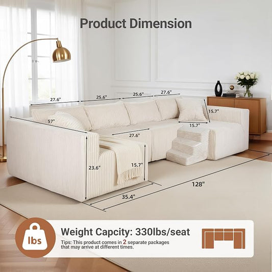 Claiks 128" Modular U Shaped Couch, Sectional Deep Seat Sofa with Pet Stair, Khaki