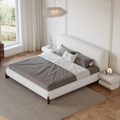 homary 3-Pieces Bedroom Sets King Size Upholstered Bed Frame with 2 Smart Nightstands – Bouclé Platform Bed with Upholstered Headboard, Leather Nightstands with Wireless Charging, USB