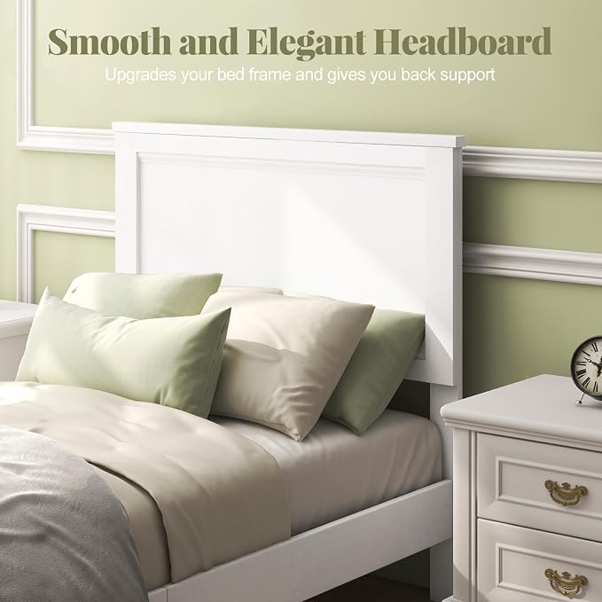 Giantex Wood Twin Bed Frames with Headboard, Mid Century Platform Bed Frame with Solid Wood Legs & Wooden Slat Support, Twin Bed Frames for Kids Adults, White Bed