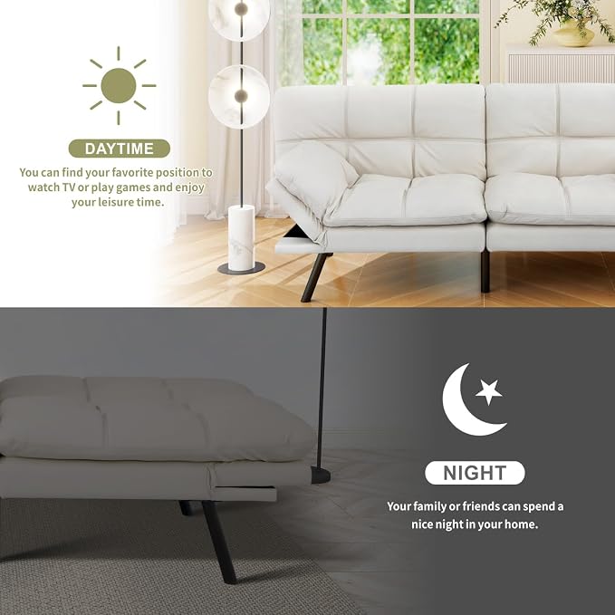 Vipbear 71" Futon Sofa Bed - Convertible Sofa Beds/Adjustable Backrest & Armrest, Comfy Loveseat Sleeper for Small Spaces, Apartments & Offices,Faux Leather White Futons