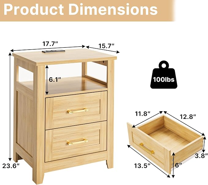 Decofy Farmhouse Nightstand with Charging Station, Modern End Tables with 2 Drawers & Open Shelf, Outlets, USB Ports and Type-C Ports, Wood Rustic Nightstands for Bedroom (2 Pack, Oak)