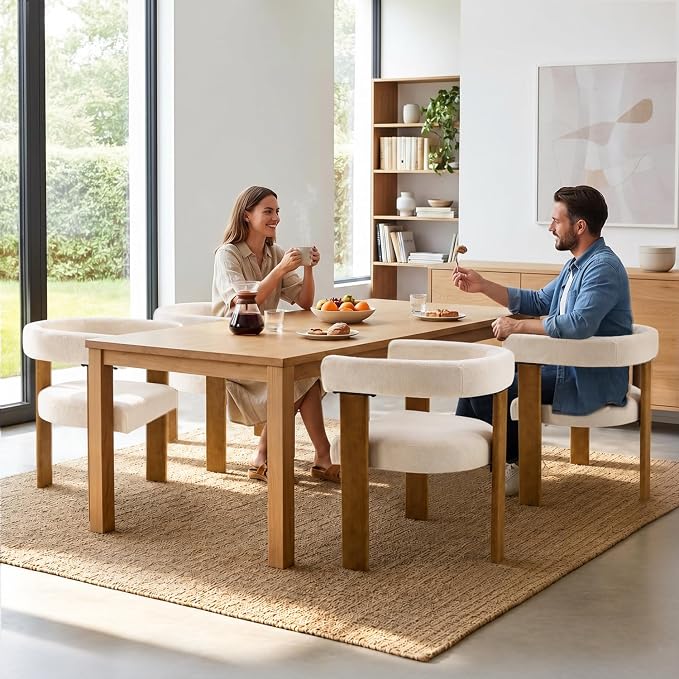 VIRRMO Boucle Dining Chair Set of 2 Terry Upholstered Dining Room Chairs Kitchen Chairs with Wood Legs Mid Century Modern Chair for Dining Room, Kitchen (Wood-Cream, 4)