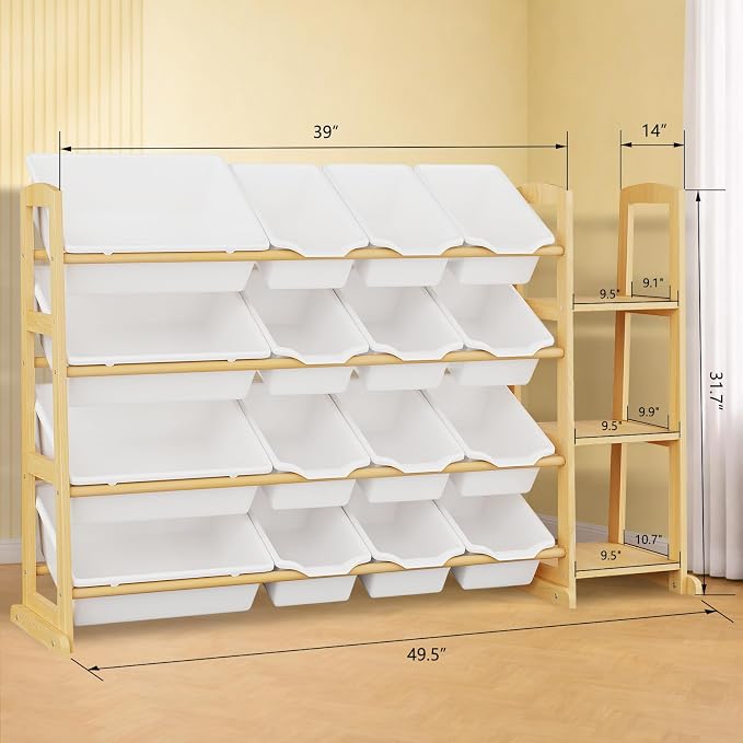 Kids Toy Storage Organizer with Bookshelf – Wooden Shelf with 16 Bins & 3 Shelves, Quick Assembly Storage Rack for Playroom, Bedroom, Nursery - White
